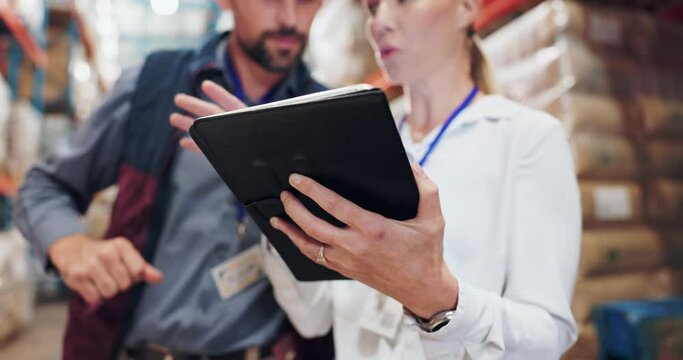 Logistics, tablet and industrial hands planning for warehouse, ecommerce or supply chain solution. Serious people on digital tech for teamwork, shipping or stock risk management with courier service