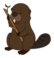 Isolated beaver holding a branch in cartoon style, Vector illustration