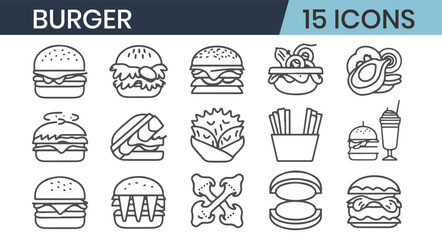 Set of 15 outline icons burger vector illustration