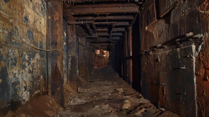 Fototapeta premium The brown color of the lignite rock can be seen throughout the exposed walls of the mine.