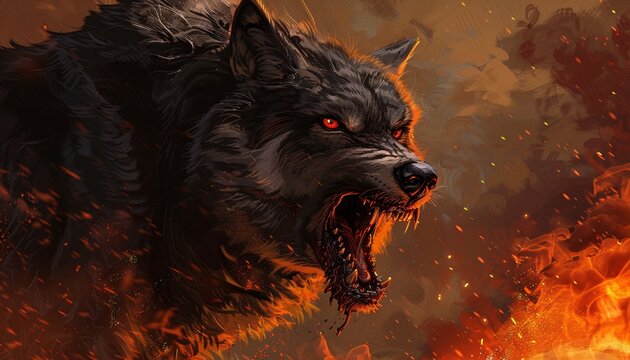A portrait of a black wolf snarling with its mouth open, red eyes glowing, set against a fiery background.