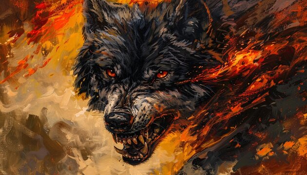 A portrait of a black wolf snarling with its mouth open, red eyes glowing, set against a fiery background.