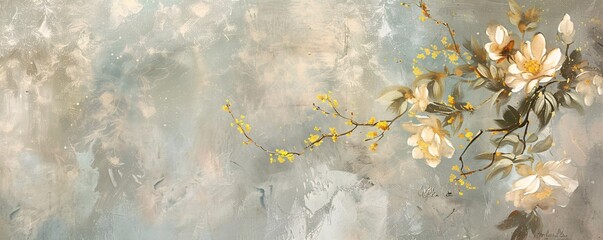 An artistically abstract background featuring vintage illustrations of flowers, branches, and golden brushstrokes on a textured canvas. Oil on canvas, modern art suitable for grey wallpaper and