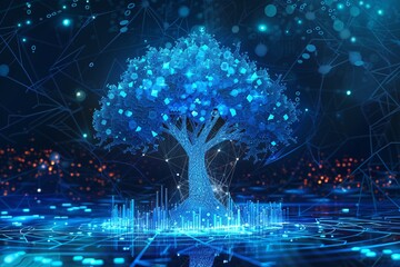 An illustration of a blue cyber polygon tree with futuristic elements, illustrating network connection technology or big data.