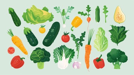 A set of flat illustrations of various vegetables, created using Generative AI. These designs are isolated and suitable for use in multiple contexts.