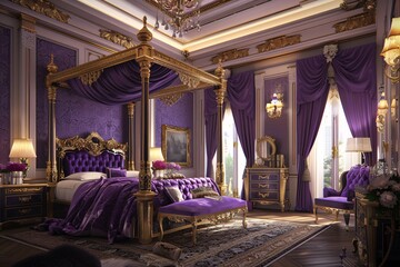 A luxurious bedroom interior illustration with purple tones, a large four-poster bed, golden patterns, and a chandelier. This 3D rendering captures an opulent atmosphere.