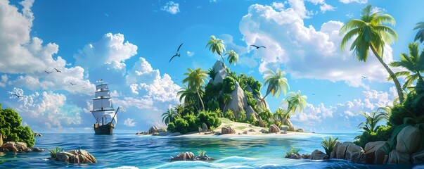 Fototapeta premium A 3D illustration of an island in the ocean, depicting an uninhabited secret pirate isle with a beach, palm trees, and a jungle. This scene captures a sense of adventure.