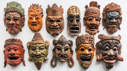 A set of handcarved wooden masks each representing a different deity or mythological figure from various cultures highlighting the similarities and differences in belief systems.