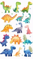 A safari-themed illustration set featuring small dinosaurs in various colors, depicted in a watercolor style. This vector illustration is perfect for playful designs.