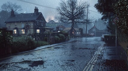 A 3D illustration depicting rainy weather in a small town, with houses, bushes, trees, and puddles on the roads, creating a realistic and moody atmosphere.
