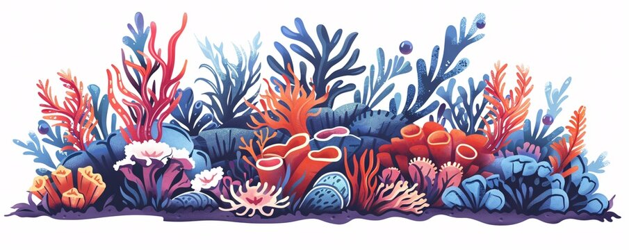 An illustration of sea corals and seaweeds, presented in a cartoon flat vector style and isolated for a vibrant marine look.