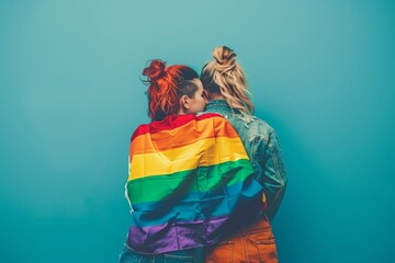 Couple embracing with rainbow flag against blue background