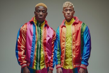 Two men in colorful rainbow jackets posing confidently