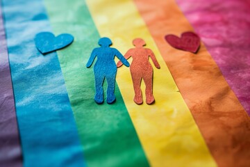 Paper cutout figures on rainbow background symbolizing LGBTQ love