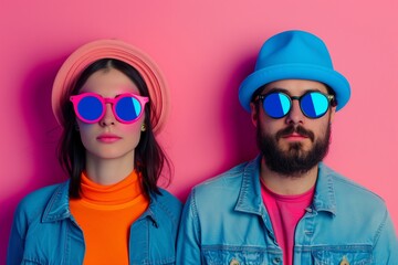 Stylish duo in colorful hats and sunglasses