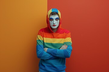 Person in Rainbow Hoodie with Face Paint.