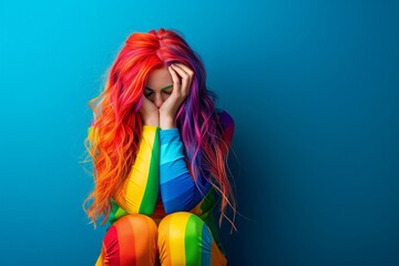 Woman with Rainbow Hair and Outfit Sitting.