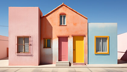 A vibrant pink building with a blue door and balcony generated by AI