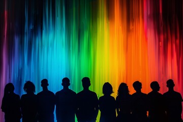 Silhouettes of Diverse Group Against Rainbow Background..