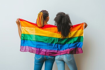 Two Women Holding Pride Rainbow Flag.