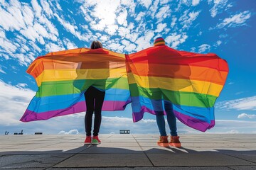 Two People Holding Pride Rainbow Flags Outdoors.