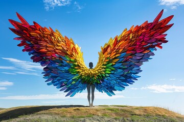 Silhouetted Figure with Rainbow Wings in Nature.