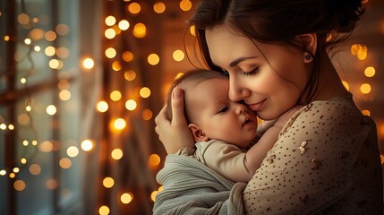 a woman lovingly holds her baby in her arms, adorned with a silver earring, while the baby's small ear and brown eye peek out from under the woman's
