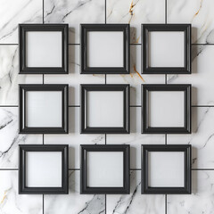 White marble gallery wall adorned with tiny black blank frames.