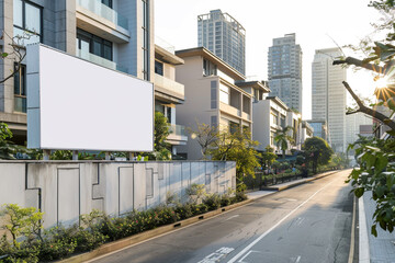 Obraz premium Extended view of a thin blank billboard on a concrete fence in a chic street setting.