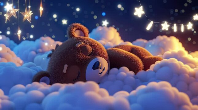 Morning serenity: A precious baby bear peacefully slumbers on a rock by the river at dawn.
 Seamless looping 4k time-lapse virtual video animation background. Generated AI