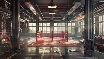 A photo-realistic image of a boxing space within a sporty gym indoors, created using Generative AI technology to capture the environment's dynamic and energetic atmosphere.