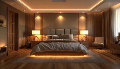 A front view picture of a master bedroom featuring a plush headboard panel and a comfortable bed, decorated with parquet flooring and indirect lighting. This design is generated using AI technology.