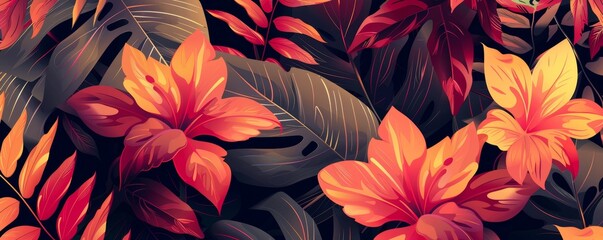 An abstract foliage botanical background, showcasing colorful wallpaper with tropical plants, flowers, and leaf branches. This exotic summer design is perfect for banners, prints, and wall art.