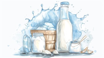 An illustration of natural dairy products, featuring a bottle, can, and wooden bucket with a splash of milk wave.