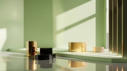 A 3D renderings for product displays composition featuring a golden ratio in minimalism of Colors such as light green, black & gold