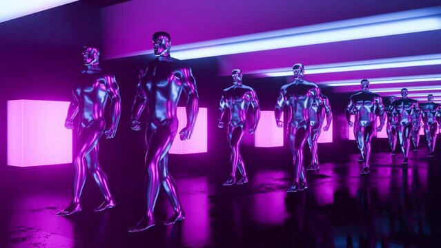 Metal robots are coming. Human shapes marching in a room illuminated by neon lights. Walking metallic people. Animation 3d. Repeat seamless loop.