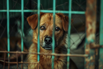 Concept of Heartbreaking Scene in Animal Shelter, Sad Dog in Gloomy Cage Looking at Camera, Capturing the Harsh Reality of Homeless Pets