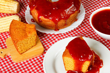 Homemade corn cake with guava paste on a table, selective focus, Typical Brazilian party food