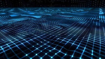 Abstract Grid Background with Blue Glowing Dots on Dark Space