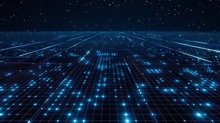 Abstract Grid Background with Blue Glowing Dots on Dark Space