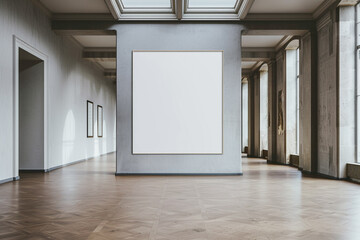 Chic gallery with a lone large landscape blank poster in a sophisticated panoramic setting.