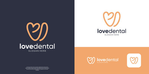 Dental clinic logo design template. Minimalist love and tooth abstract design element linear style.