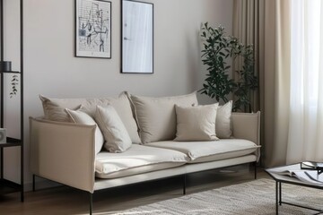 minimalist  interior living room with a neat sofa, light color palette