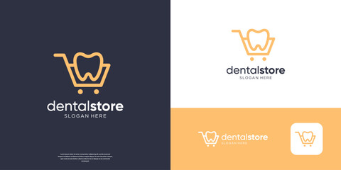 Minimalist dental clinic with cart symbol for store dentistry logo design.