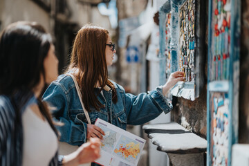 Young tourists enjoying a trip, visiting a town on a sunny day, hanging out together