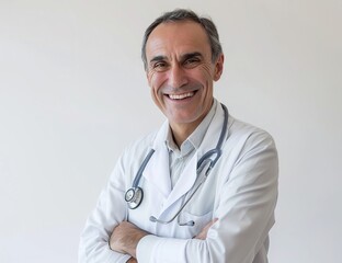 a smiling man with short gray hair and a big nose wearing a white shirt and stethoscope, with a small ear visible