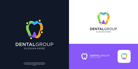Colorful dental care with people connection logo design template.