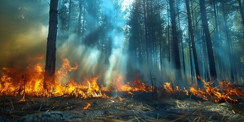 Pine forest devastated by wildfire during dry season: a global environmental crisis. Concept Wildfires, Pine Forest, Environmental Crisis, Global Impact, Dry Season