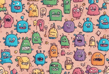 Obraz premium robots kawaii monsters flowers child doodle generative books food coloring seamless designs ai prints animals pattern smiling monster texture bear art cartoon robot drawn