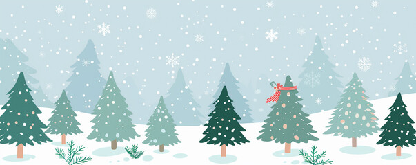 Christmas or New Year theme with Christmas trees and snow falling in a pastel blue and green background.